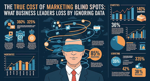 CMO with eyes closed, surrounded by marketing charts and data, appearing confused as if ignoring the information