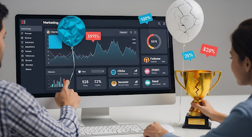 Two workers studying marketing metrics on a screen, appearing convinced the numbers have meaning even though they’re misleading.