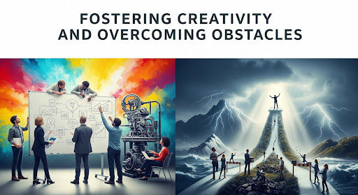 Headline ‘Fostering Creativity and Overcoming Obstacles’ with illustrations of diverse people collaborating, brainstorming, and supporting each other to nurture a creativity-driven culture.