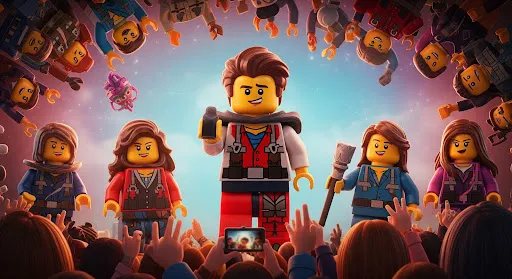 The Lego Movie characters surrounded by fans, symbolizing brand fandom.