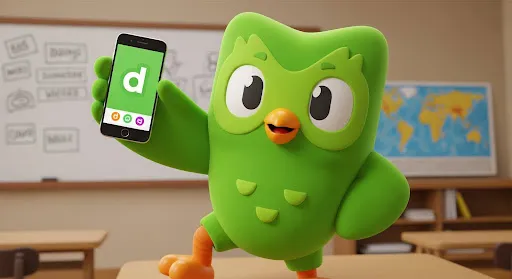 The green Duolingo owl mascot posing humorously or holding a smartphone.