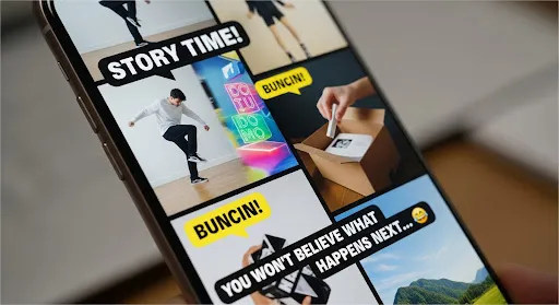 A smartphone screen showing a looping TikTok video with bold captions and fast visuals, symbolizing short-form storytelling.