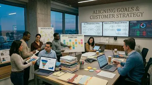 Collaborative workshop session where creative, sales, and leadership teams align on campaign goals and customer experience strategy.