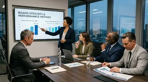 Executive leadership team reviewing brand strategy and creative performance metrics during a high-level business meeting.