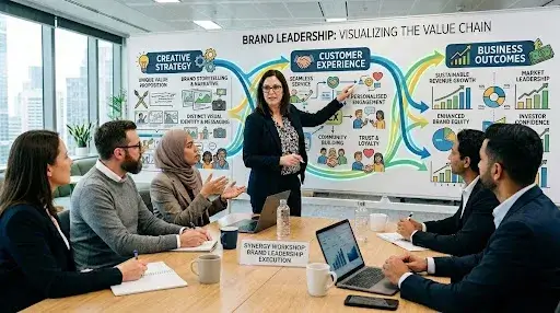 Brand leadership concept showing creative strategy connected to customer experience and business outcomes