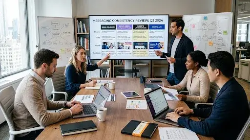 Brand strategy team reviewing messaging consistency across multiple marketing channels