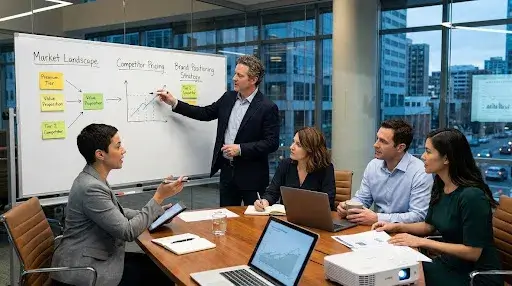Brand strategy workshop with marketing professionals planning future campaigns