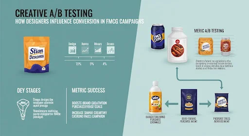 Infographic showing how creative A/B testing helps designers optimise visuals and boost conversion rates in FMCG marketing campaigns.