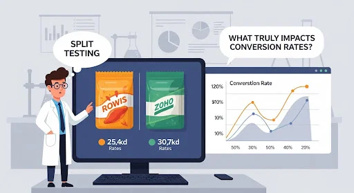 Illustration showing split testing of creative assets to determine what influences conversion rates in FMCG marketing campaigns.