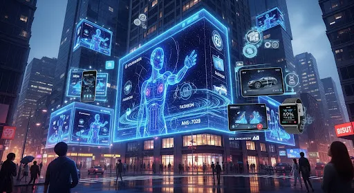 Futuristic digital advertising concept showing AI, immersive content, and multi-platform campaigns capturing audience attention.