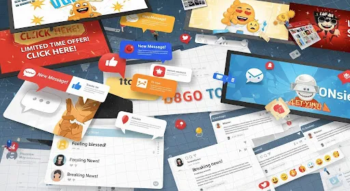 Illustration of digital clutter with overlapping ads, notifications, and social media posts competing for attention.