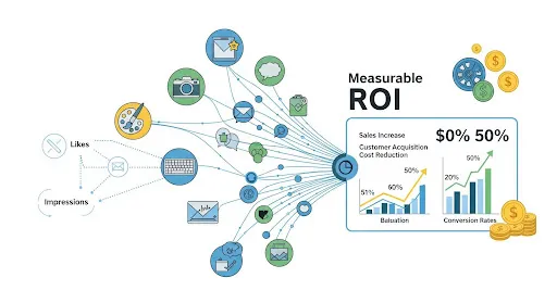 Illustration showing creative campaigns connected to measurable ROI, not just likes or impressions.
