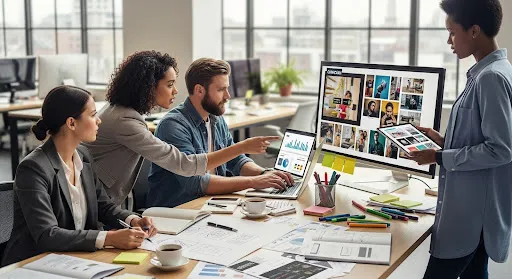 Creative professionals planning, designing, and executing a multi-platform campaign