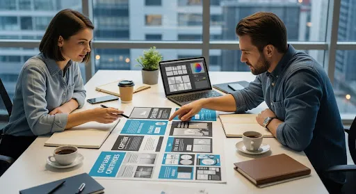 Copywriter and art director collaborating over a campaign layout, reviewing both messaging and visual hierarchy together.