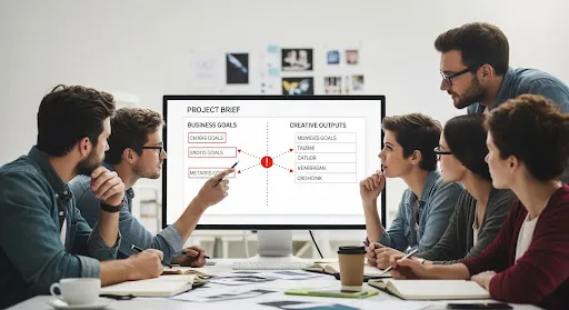 Creative team reviewing a project brief on a screen with highlighted gaps between business goals and creative outputs.