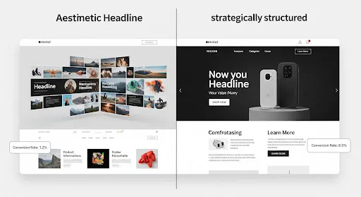 Split-screen visual comparing a visually stunning website with low conversions and a strategically structured website with higher conversion metrics.