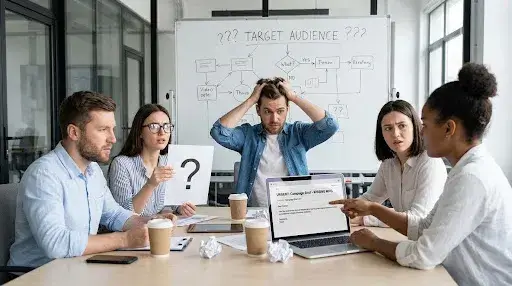 Visual of a marketing team confused by incomplete campaign instructions