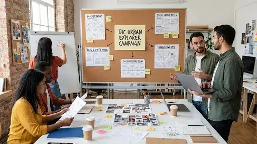 Creative team planning multi-format content from a single concept