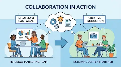 Illustration of internal marketing team working with an external content partner