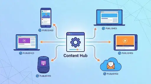 Illustration showing content being published across multiple digital channels