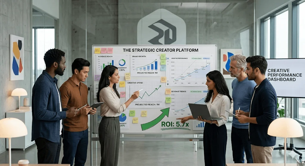 A group of professional creators and brand managers collaborating on an influencer marketing strategy.