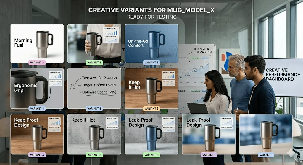 A grid of creative variants for an ad campaign, illustrating a systematic creative testing framework.