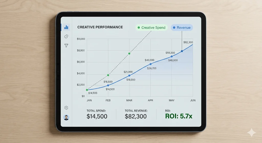 A marketing dashboard showing a positive correlation between creative spend and revenue growth, illustrating how to prove creative ROI.