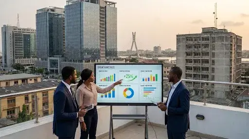 Lagos skyline with business professionals reviewing marketing dashboards focused on growth metrics