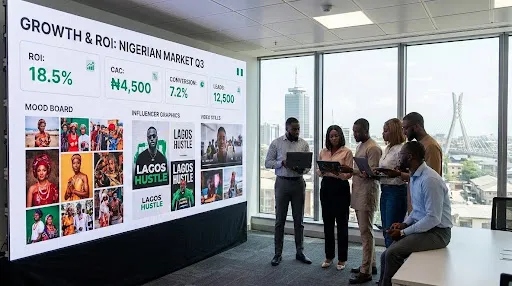 Modern Lagos business scene showing marketing performance dashboard with ROI-focused creative strategy visuals