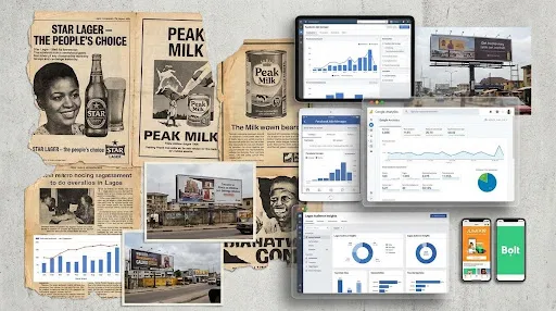 Collage of Lagos advertising history blending old print ads with modern digital marketing dashboards