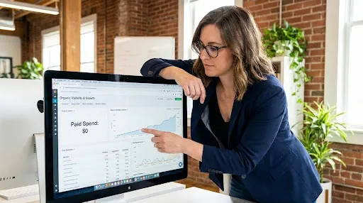 Brand strategist reviewing organic growth metrics and content performance dashboards without paid media spend