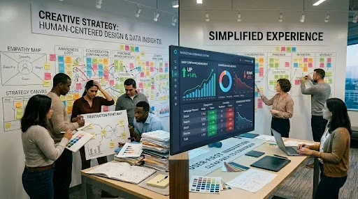 Marketing team reviewing campaign analytics while engagement rises but conversion metrics decline on a large digital dashboard.