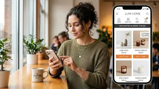 Customer navigating a seamless digital shopping experience with clear messaging and intuitive design.