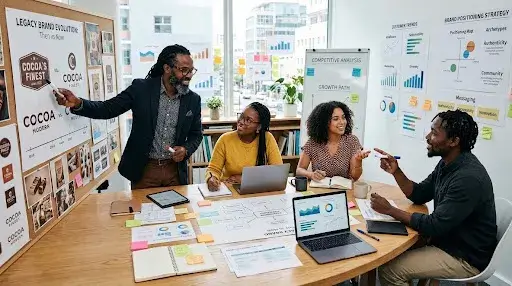 Creative team analysing legacy brand evolution, customer trends, and brand positioning strategy