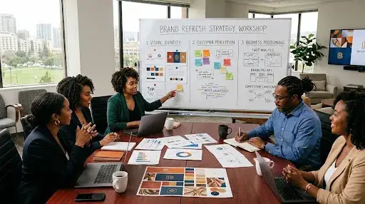 Brand strategy workshop reviewing visual identity, customer perception, and business positioning for a brand refresh