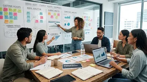Creative team reviewing brand strategy, customer insights, and brand performance during a business audit