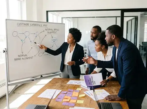 Employees collaborating in a brand workshop to evaluate internal culture, customer experience, and brand alignment