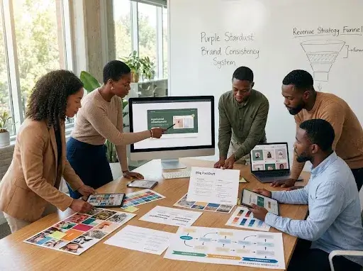 Creative team reviewing brand identity, messaging, and customer touchpoints to improve brand consistency and business performance