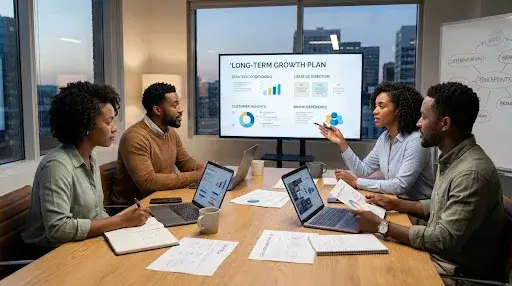Brand strategy team developing a long-term growth plan through positioning, creative direction, customer insight, and brand experience
