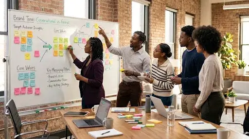 Creative team developing a brand tone of voice and communication strategy during a brand workshop